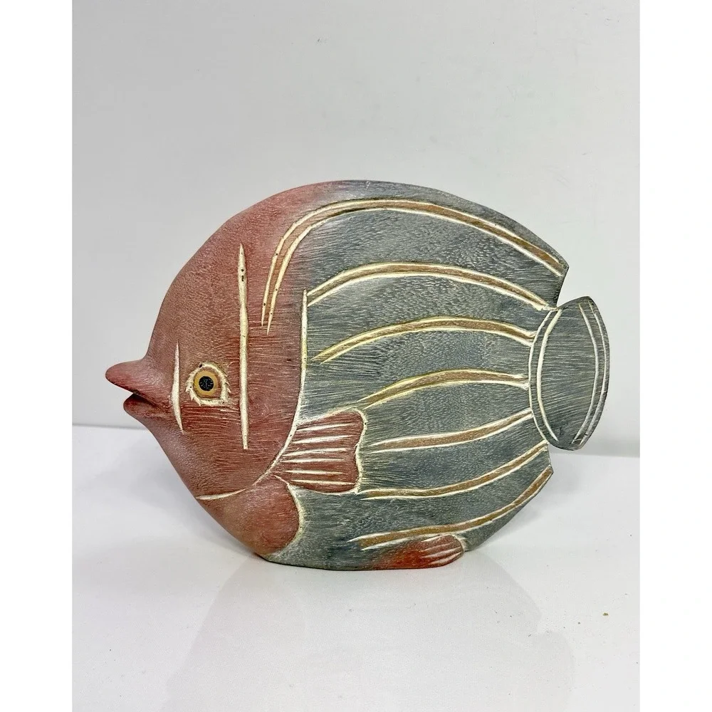 Hand Carved Wooden Fish Sculpture Tropical Ocean Decor Hand Painted Boho Modern